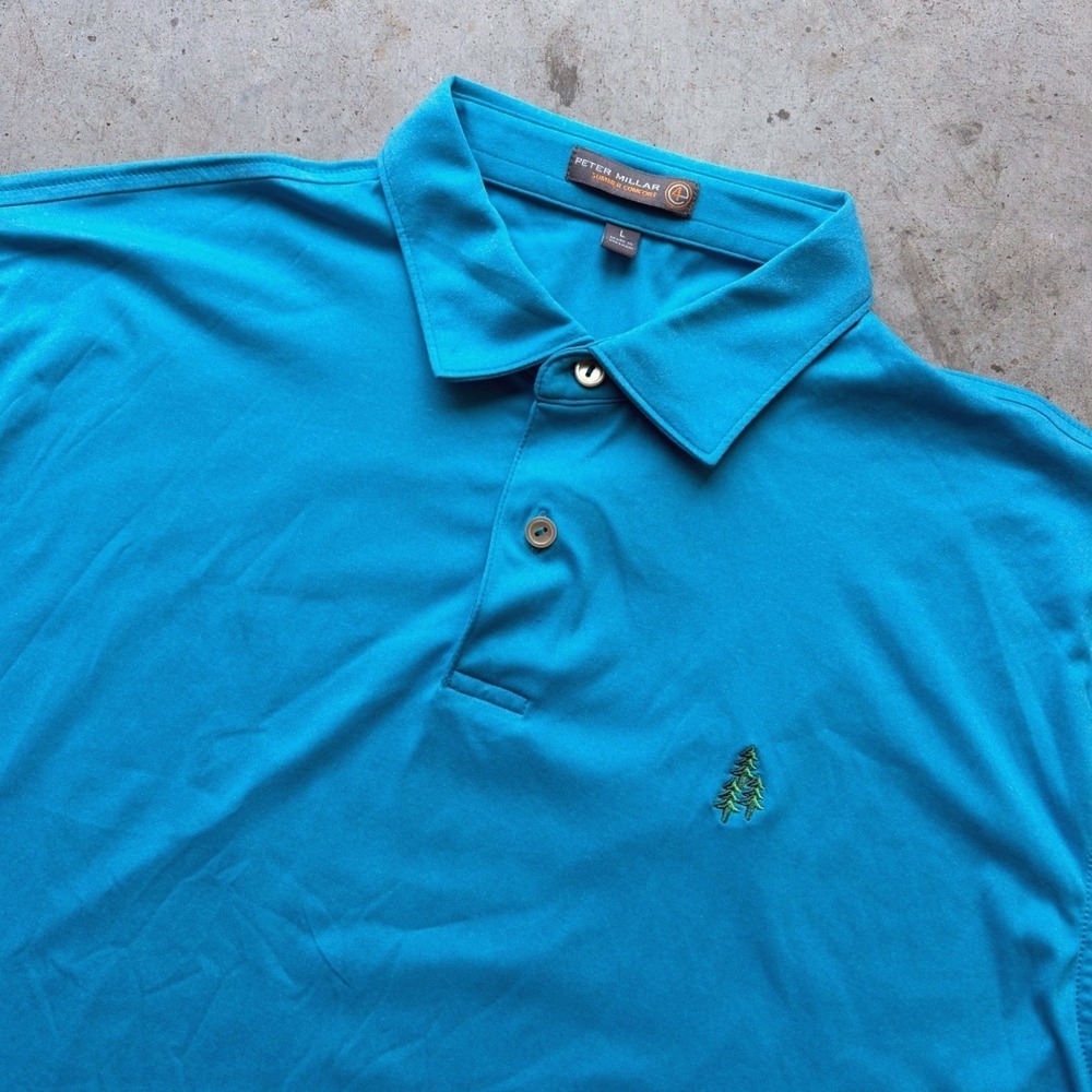 Peter Millar Summer Comfort Blue Golf Polo Shirt Tree Cleekers 1982 Mens Large L